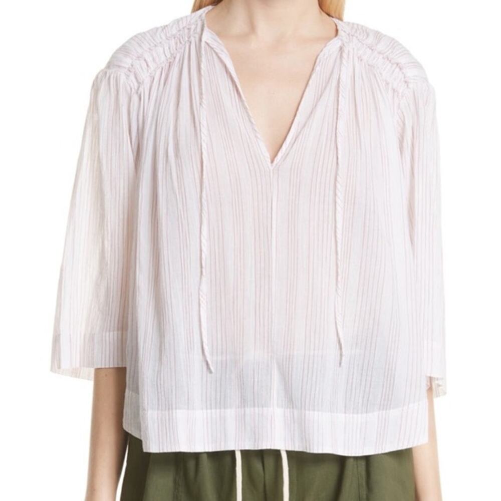 Vince Variegated Stripe Crinkle Breathable Cotton Tassel V-neck Wide Sleeve Top
